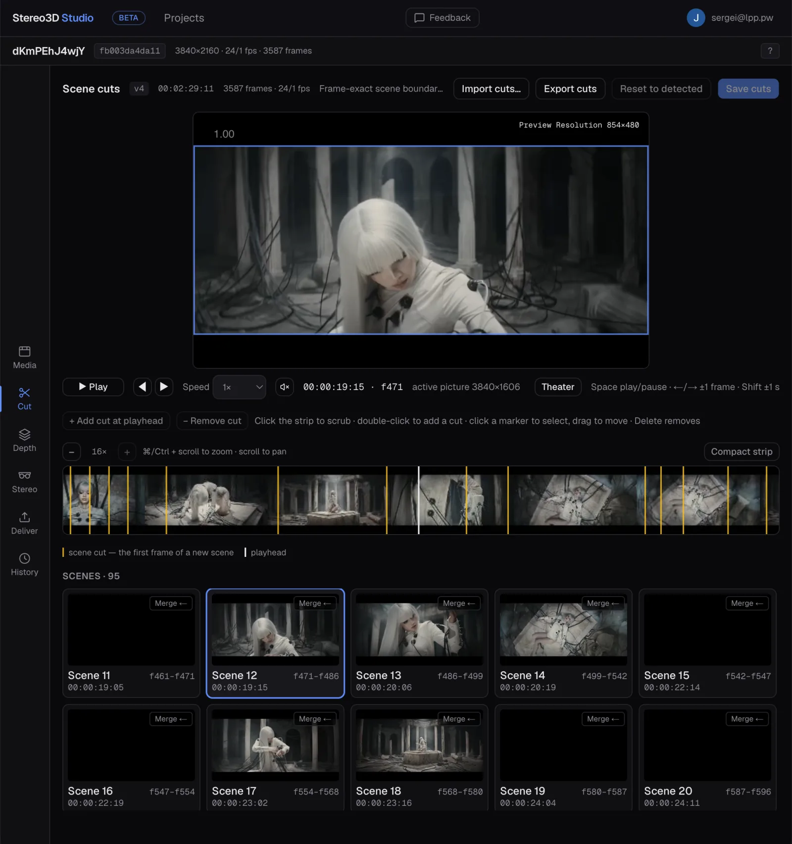Cut page of Stereo3D Studio showing editable scene-cut markers on a filmstrip and a grid of detected scenes