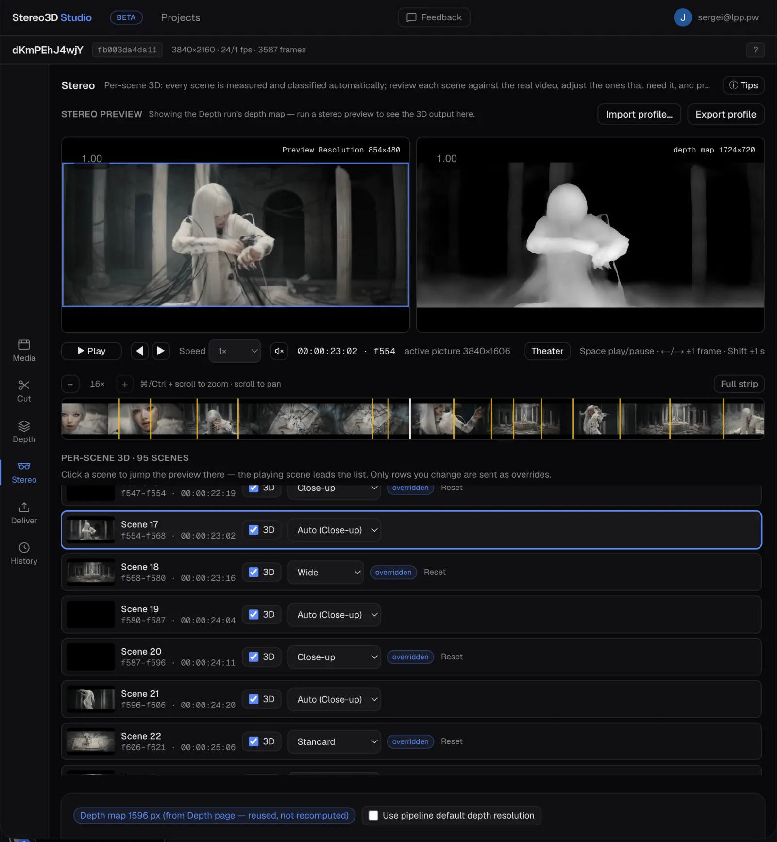 Stereo3D Studio's Stereo page: source footage beside its live depth map, with per-scene 3D classification and overrides